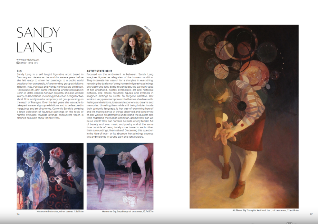 two pages of art magazine New Visionary showing three paintings by Sandy Lang alongside her bio and artist statement