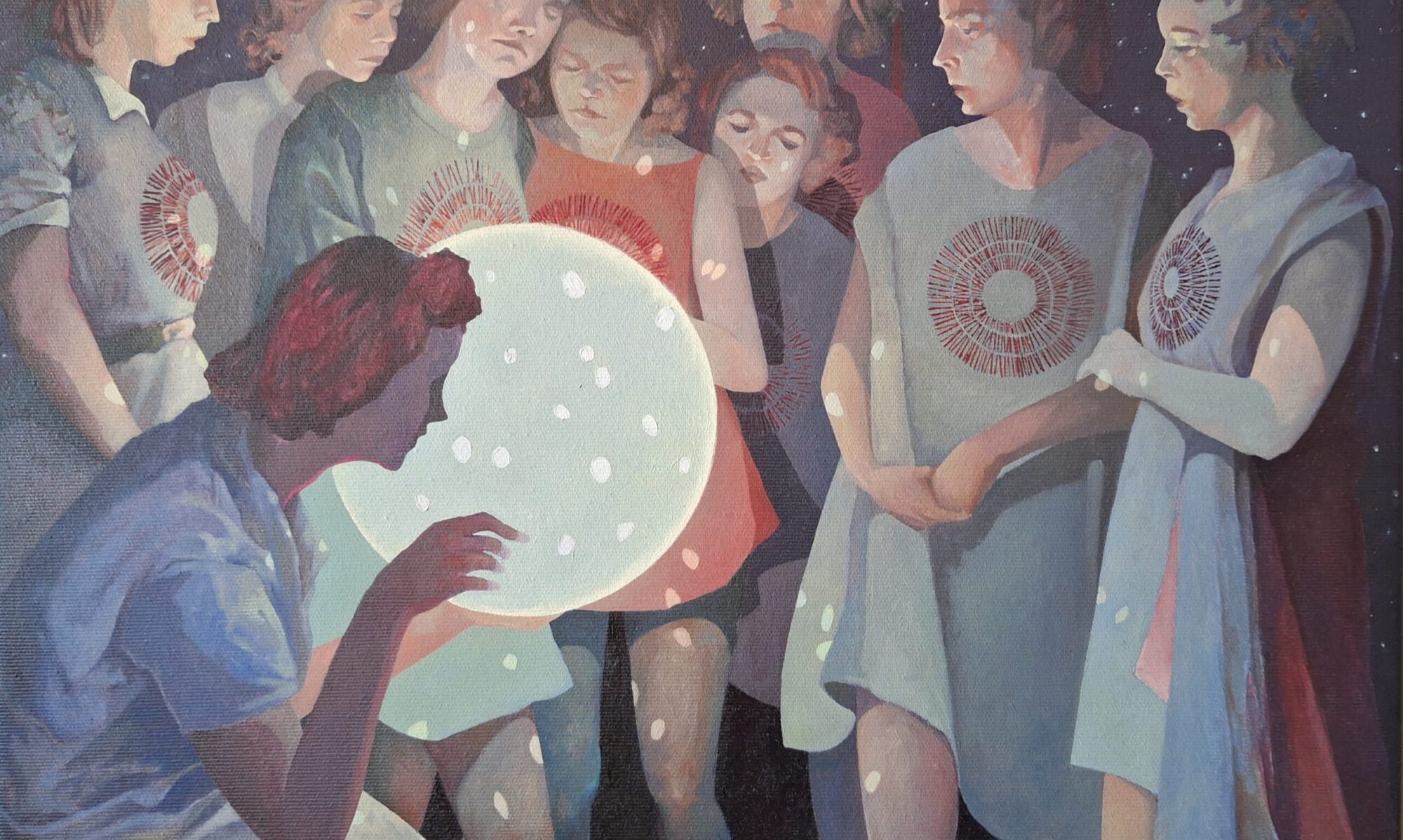 figurative painting showing women around a glowing ball of light